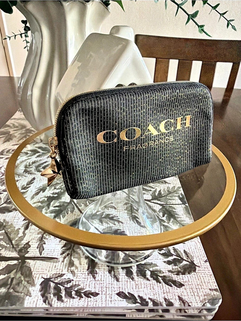 Coach Black Metallic Fragrance Pouch Striped Cosmetic Case Black & Gold